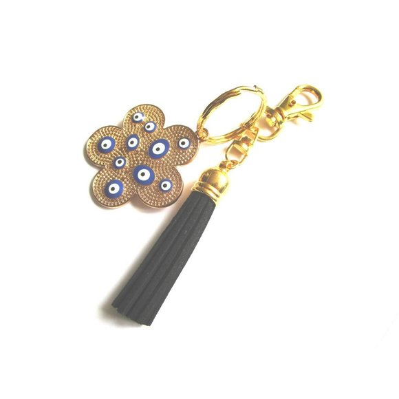Gold tone blue evil eye flower charm key chain black leather tassel purse charm - Picture 3 of 10